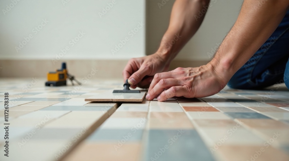 Obraz premium Close-up of a person installing tile flooring, using a grout spreader and focusing on precision and detail.