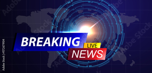 Vector illustration breaking news background template. blue futuristic broadcast with word map.