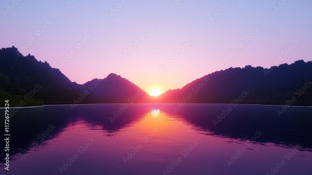 Obraz premium A serene sunset reflecting over a calm lake surrounded by mountains.
