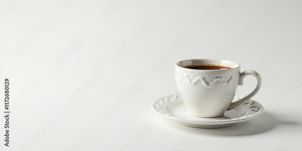 A single serving of dark roasted coffee in an elegant white cup and saucer on a pristine white background A single serving of dark roasted coffee in an elegant white cup and saucer on a pristine white background