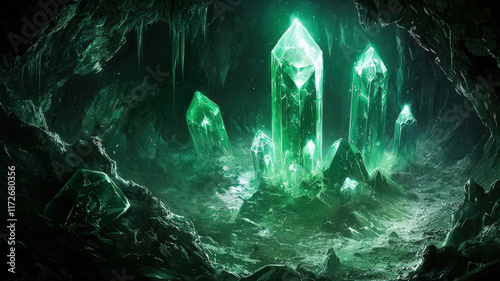 A mysterious RPG cave glows with enchanted crystals, ancient carvings on rugged walls, and an eerie atmosphere, evoking a sense of adventure, danger, and hidden secrets.