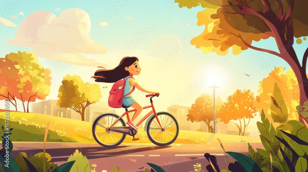 Obraz premium Playtime, a beautiful cheerful young girl and using school bag cycling on the road with beautiful park background with beautiful morning sky at sunrise. cartoon vector illustration.