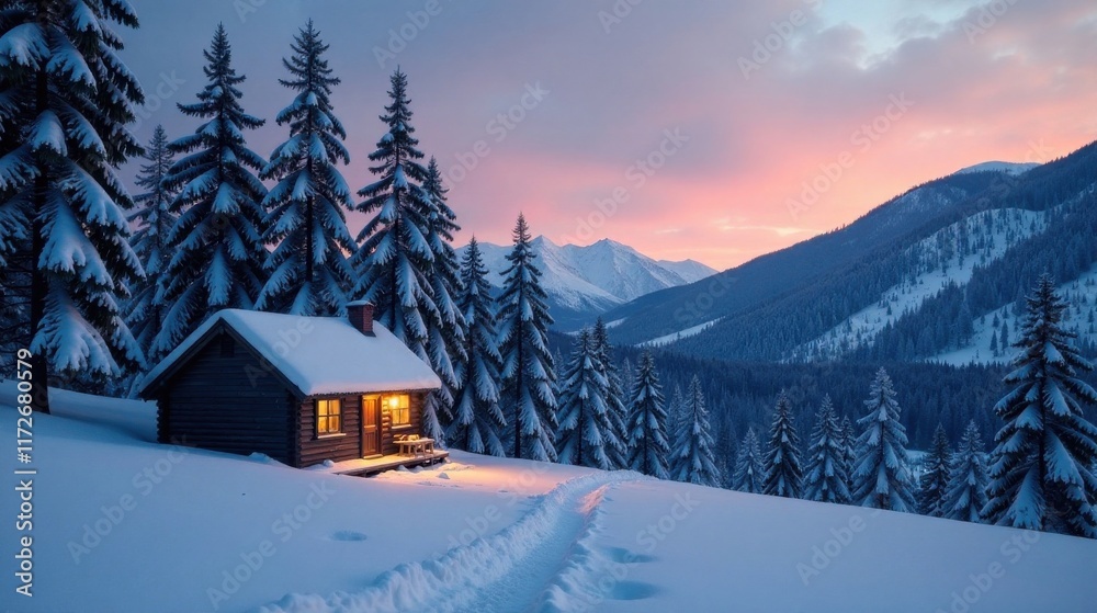 Fototapeta premium A cozy cabin nestled in a snow-covered forest at sunset, illuminated from within, with a snowy path leading to it, and a mountain range in the background.