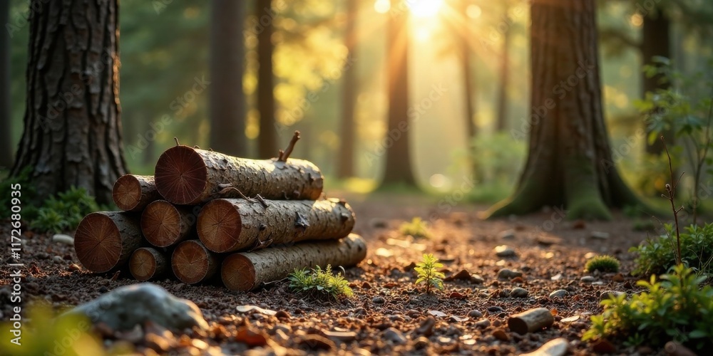 Obraz premium Forest path illuminated by golden sunlight, stack of logs resting on the ground, tranquil woodland scene