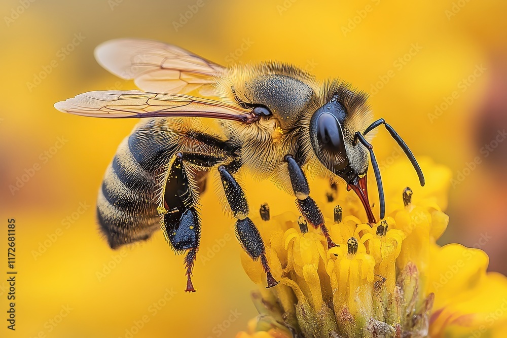 Close-up of a honey bee pollinating a bright yellow flower during springtime in a vibrant garden Close-up of a honey bee pollinating a bright yellow flower during springtime in a vibrant garden