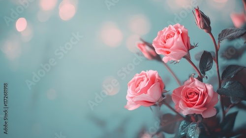 Soft Pink Roses in Bloom Against a Pastel Blue Background
