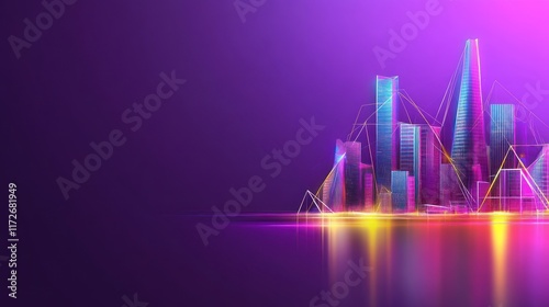 Futuristic city skyline with vibrant neon colors and reflections.