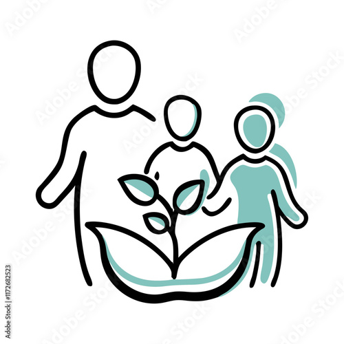 Family nurturing plant illustration with teal accents.