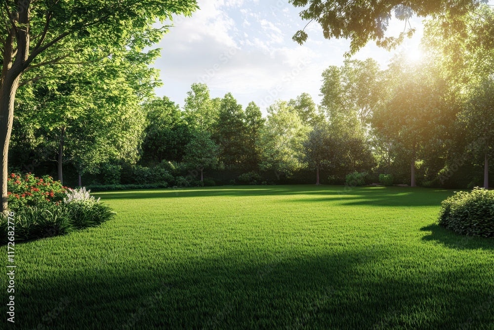 Fototapeta premium Lush green garden during late afternoon sunlight with trees and flowers