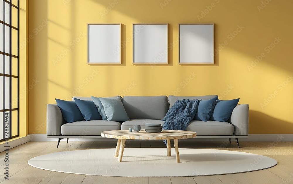 Fototapeta premium Modern living room, yellow wall, gray sofa, sunlit interior, cozy design, home decor.