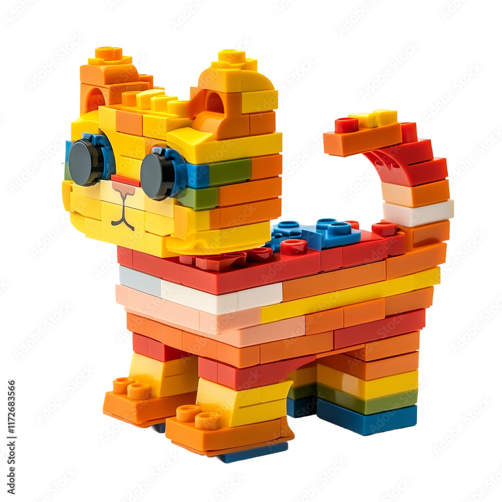 Colorful cat built with toy building blocks isolated on a white background