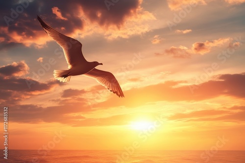Seagull soaring over the ocean at sunset with vibrant clouds