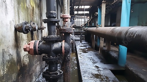 Industrial Pipes and Valves in Old Factory photo