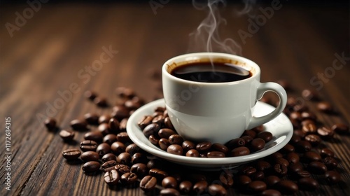 Aromatic Dark Roast Coffee in a White Cup Surrounded by Roasted Beans on a Rustic Wooden Table