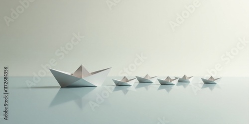 Leadership and teamwork concept a large paper boat leads a fleet of smaller boats across a calm surface photo