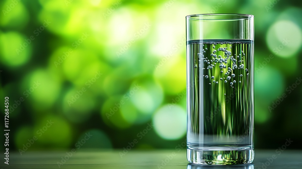 Refreshing Glass of Sparkling Water Against a Lush Green Background Refreshing Glass of Sparkling Water Against a Lush Green Background