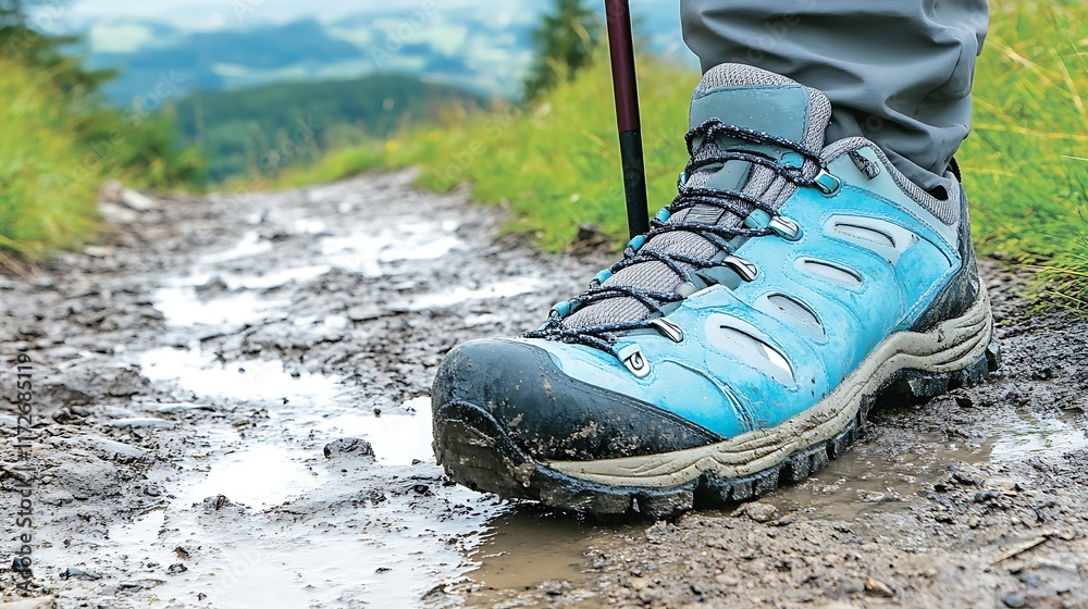 Hiking Boot In Mud On Mountain Trail Hiking Boot In Mud On Mountain Trail