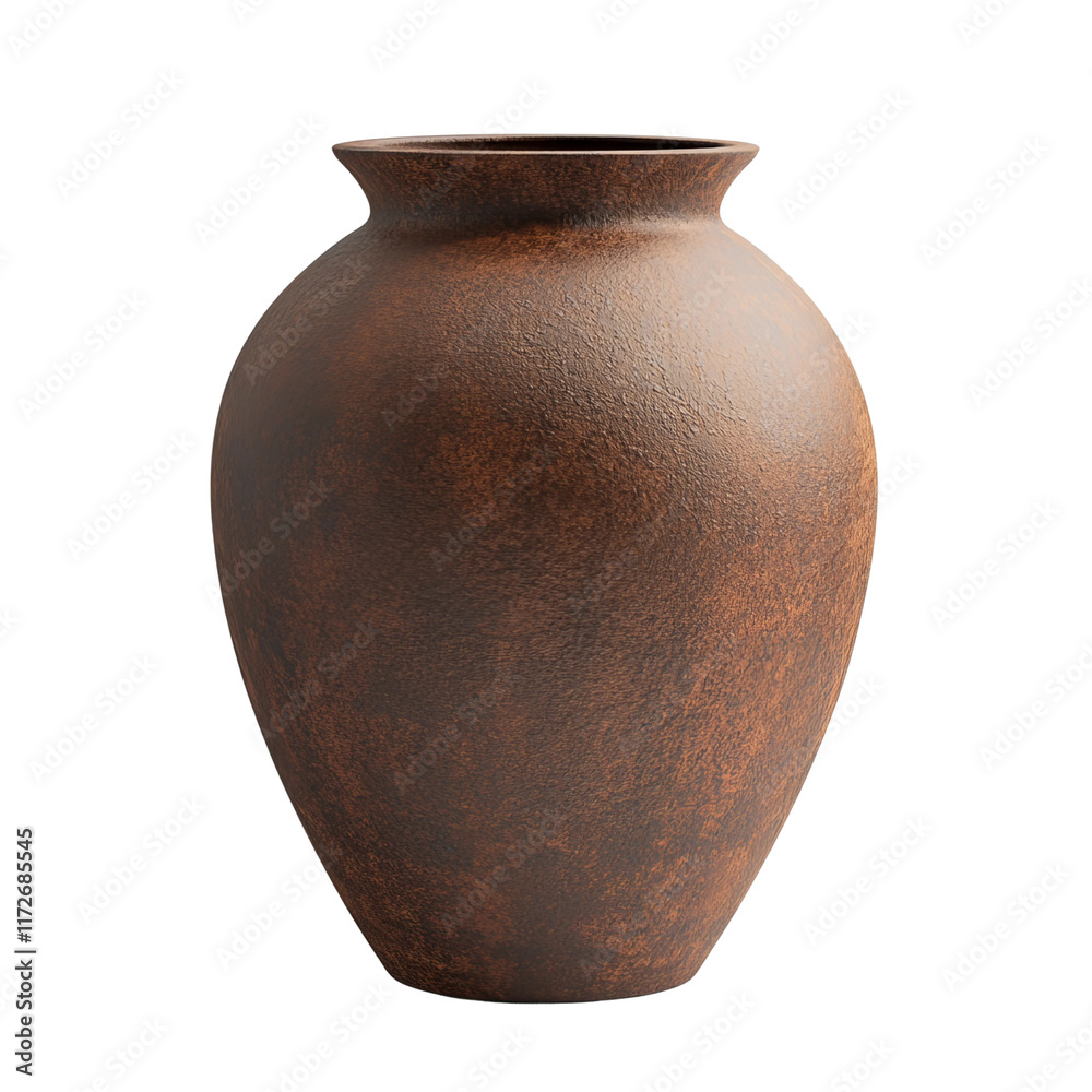 a rustic brown textured earthenware vase with a short neck isolated on a white background
