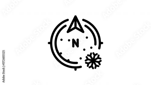Compass with north arrow and snowflake suitable for winter travel themes, adventure blogs, hiking, camping, and outdoor exploration designs.
