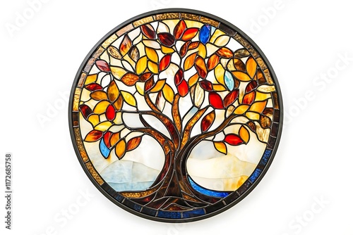 Illustration in stained glass style with autumn tree photo