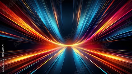 Abstract technological background that evokes a sense of speed. Exciting and dynamic composition of bright multi-colored light stripes on a deep black background.