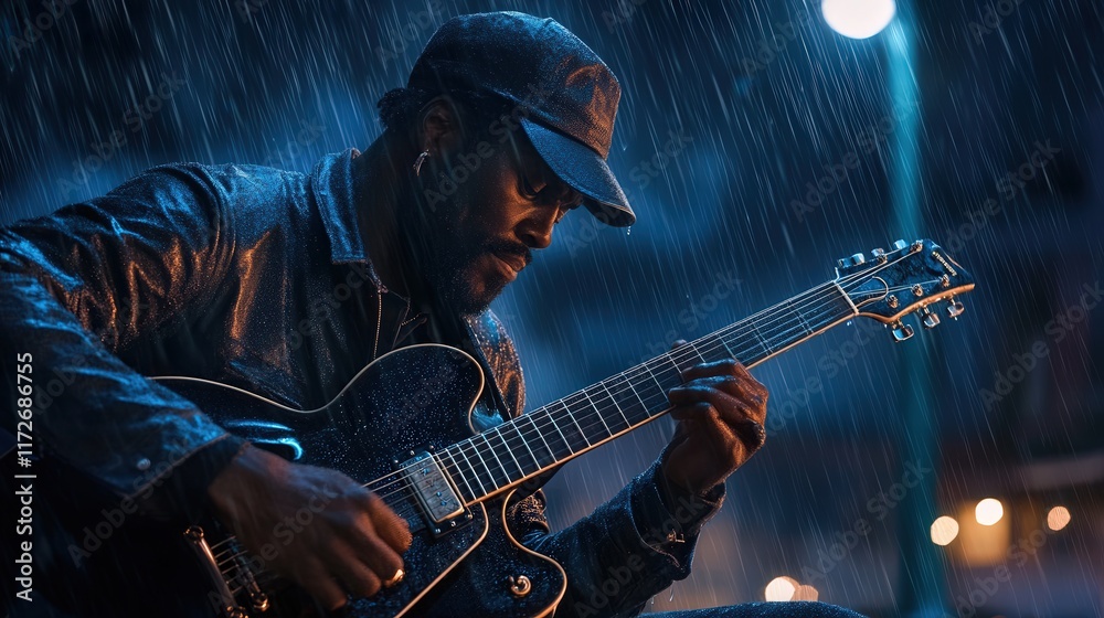 Obraz premium A soulful blues guitarist playing under a streetlight on a rainy night