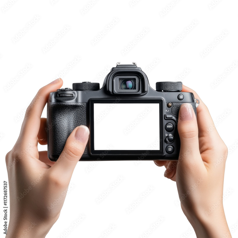 A person is holding a camera with a white screen A person is holding a camera with a white screen