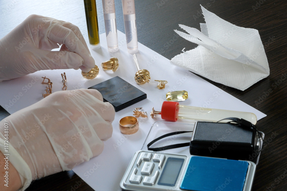 custom made wallpaper toronto digitalA pawn shop employee tests old gold jewelry using reagents and a touchstone, Buying old gold, closeup