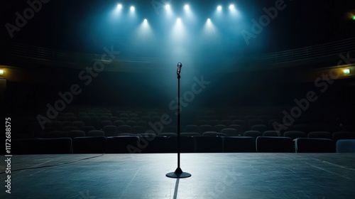 A dramatic photograph of a lone mic stand on an empty stage awaiting the performer
