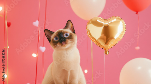 Curious Siamese Cat Reaching for Heart Balloon
