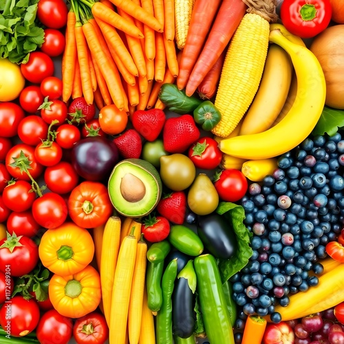 Rainbow Assortment of Fresh Organic Fruits and Vegetables, background, colorful 