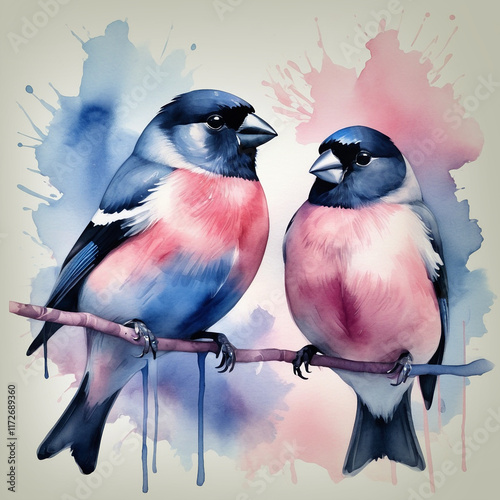 two birds on a branch. Watercolor Valentine greeting card