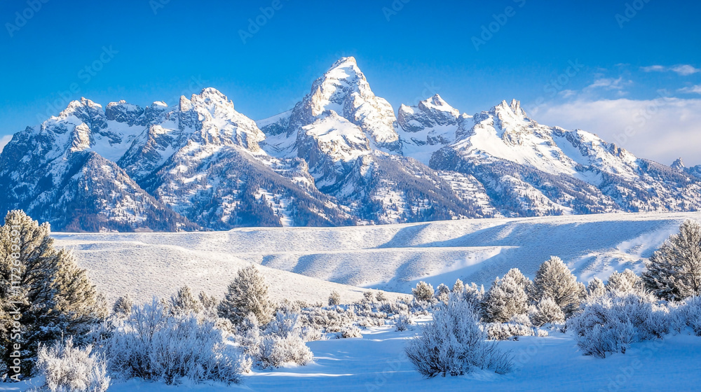 Fototapeta premium a snowy mountain landscape with trees and snow covered surface, Winter season morning snow covered mountains under a clear sky, Beautiful snow covered view of mountains from valley in winter season.