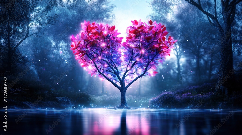 Fototapeta premium A glowing heart-shaped tree reflects in a serene, mystical landscape.