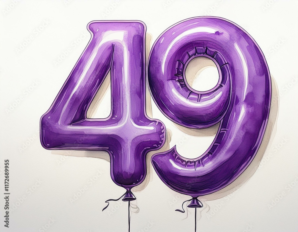 Purple birthday / anniversary balloon, number 49, watercolor painting with white background Purple birthday / anniversary balloon, number 49, watercolor painting with white background