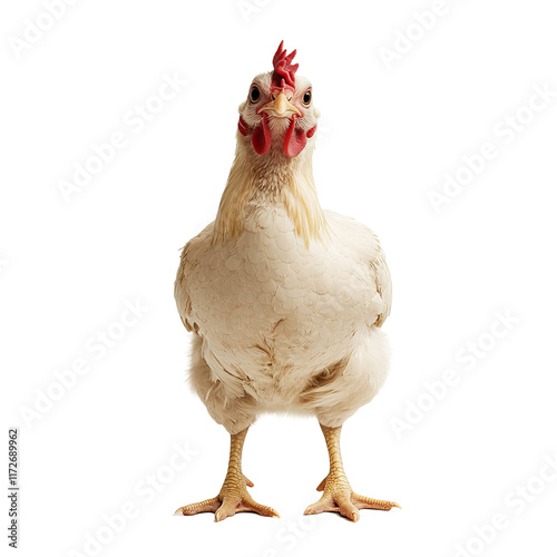 a solid white broiler chicken facing forward isolated on a white background