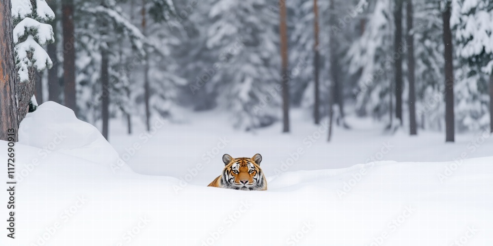 A serene scene of an Amur tiger lying peacefully in the snow beneath towering pine trees A serene scene of an Amur tiger lying peacefully in the snow beneath towering pine trees
