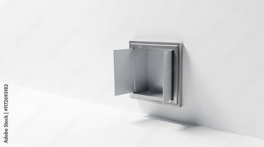 A minimalist recessed wall unit with open doors, showcasing a clean interior space ideal for product display or storage A minimalist recessed wall unit with open doors, showcasing a clean interior space ideal for product display or storage