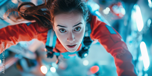 Fototapeta Naklejka Na Ścianę i Meble -  woman in vibrant orange spacesuit floats in zero gravity, surrounded by futuristic lights and equipment, expressing awe and wonder in space station environment