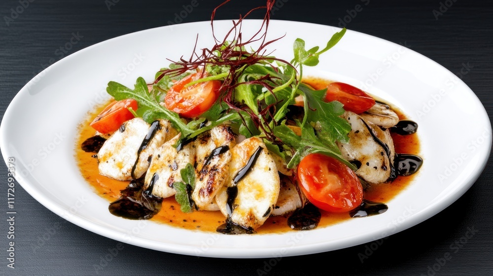 A beautifully plated dish featuring grilled fish, tomatoes, and greens.