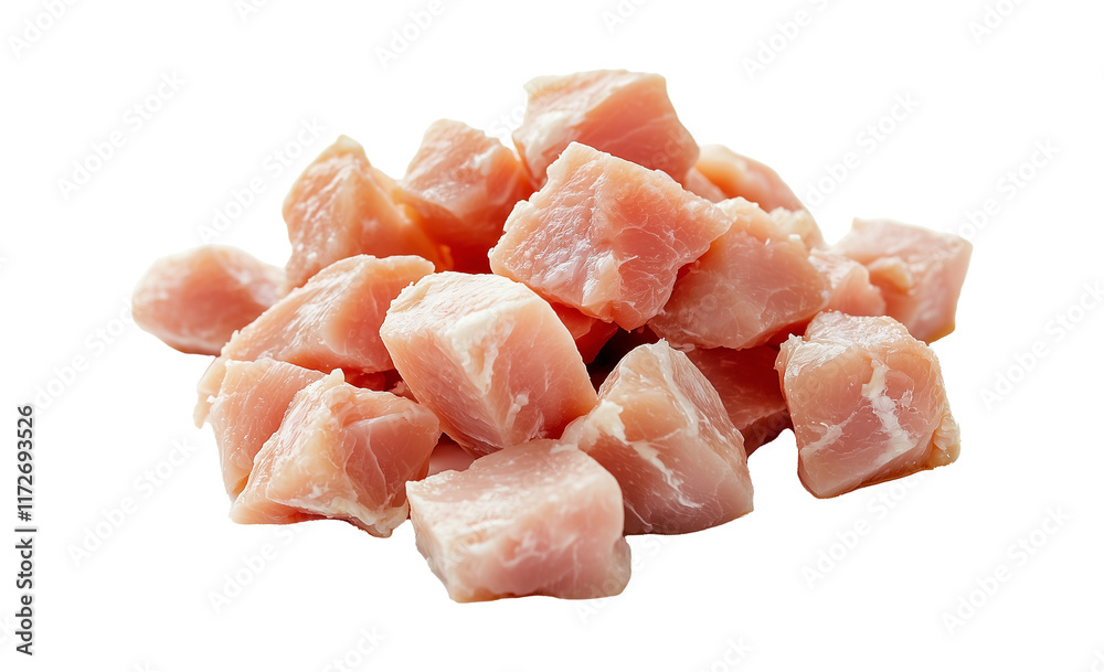 Fresh diced chicken pieces isolated on transparency background, showcasing raw, tender meat ideal for cooking various dishes Fresh diced chicken pieces isolated on transparency background, showcasing raw, tender meat ideal for cooking various dishes