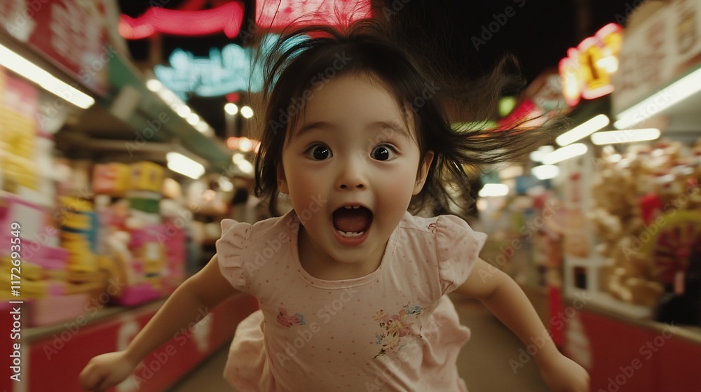 Excited toddler girl running towards camera at night market. Excited toddler girl running towards camera at night market.