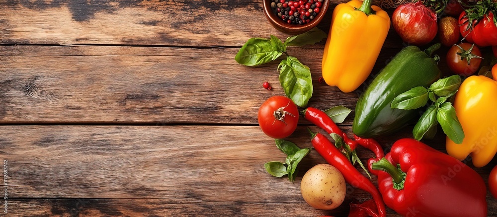 Fresh vegetables on a rustic wooden table.
