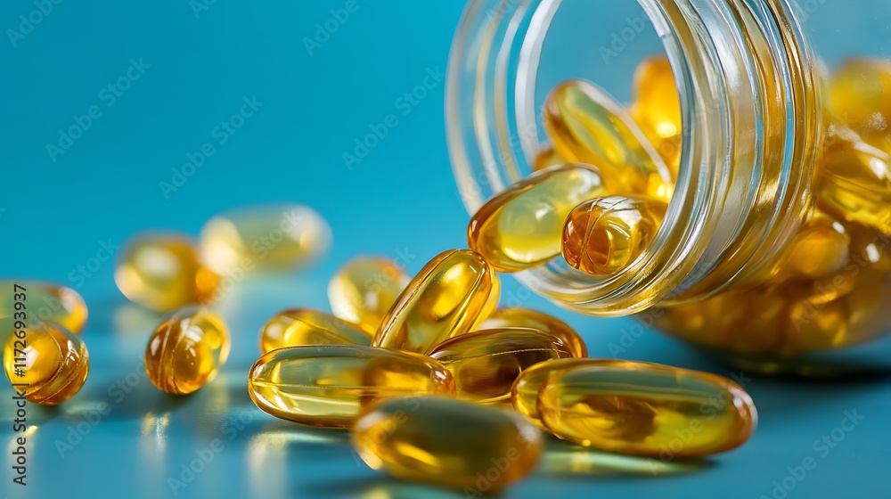 Golden Omega-3 Capsules Spilling from a Jar Golden Omega-3 Capsules Spilling from a Jar