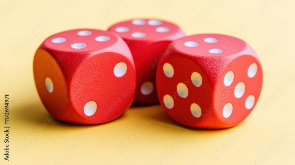 Artistic dice composition in bright red hues on a pastel yellow background