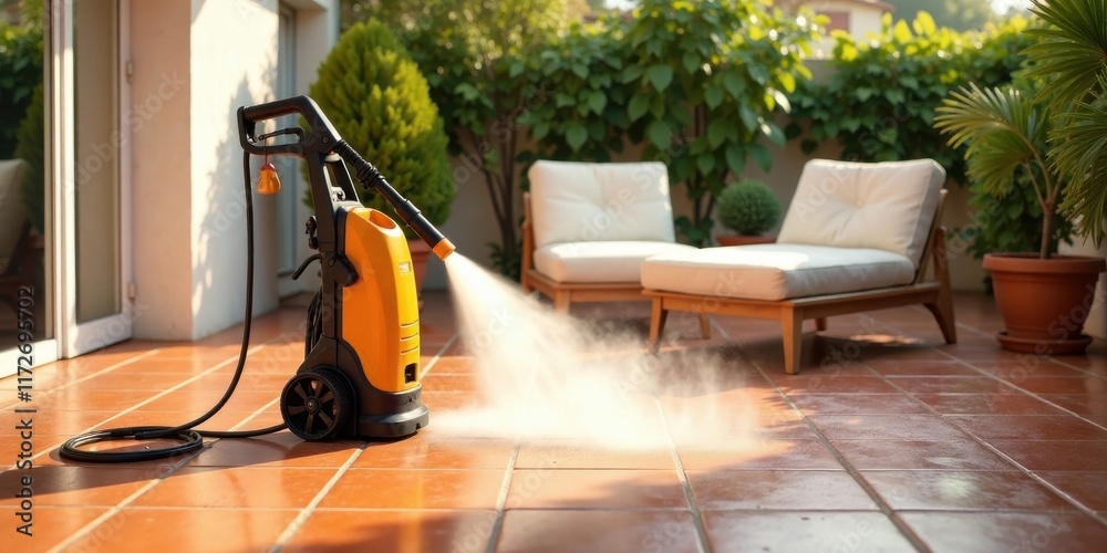 Fototapeta premium Outdoor Patio Cleaning with Pressure Washer Efficiently Refreshing Tile Surfaces