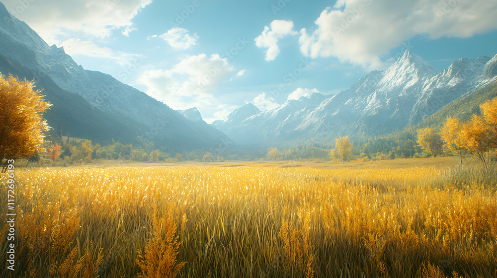 Obraz premium Serene autumnal landscape featuring golden meadow, snow-capped mountains, and vibrant trees under a clear sky.