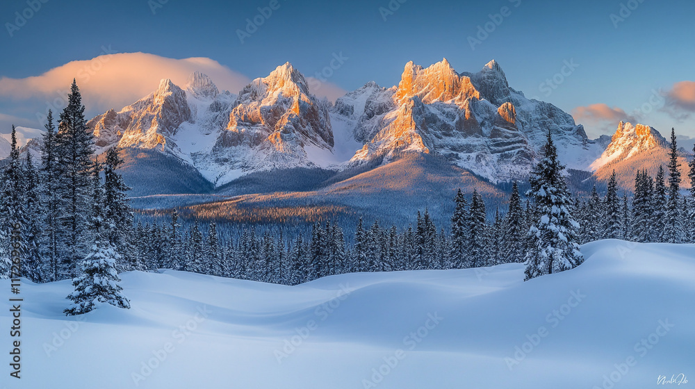 Fototapeta premium Snow-covered mountains under a clear sky at sunrise in a serene winter landscape