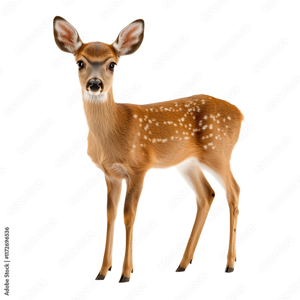 Fototapeta premium young deer with white spots on its brown fur stands gracefully, isolated on transparency background, showcasing its delicate features and alert expression