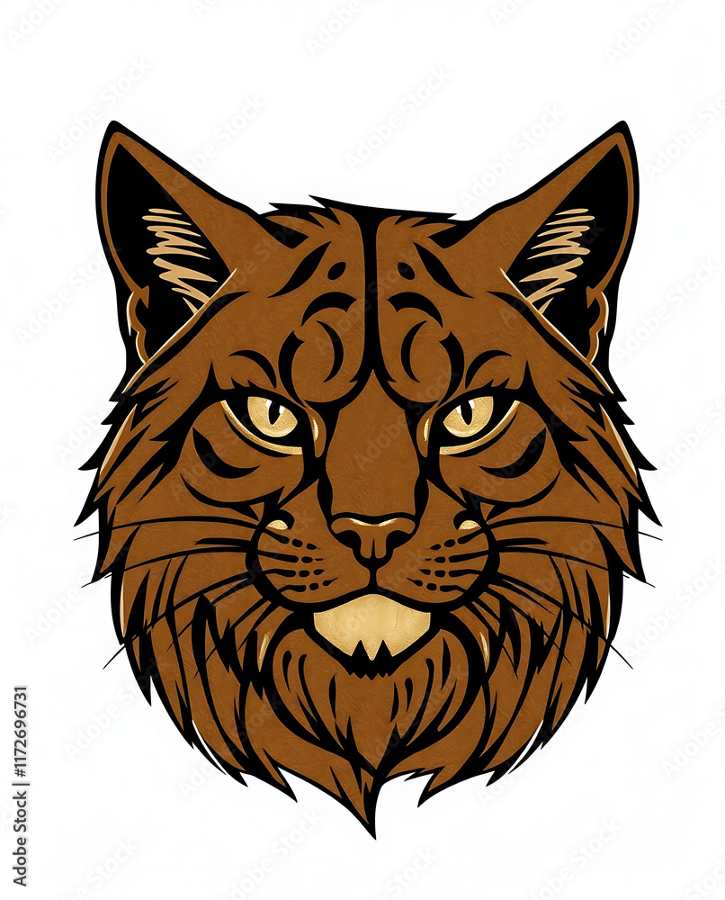 Obraz premium A bold, graphic representation of a cat's face featuring intricate line work and a strong color palette.
